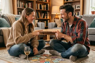 Couple jouant aux questions Les Z'amours dans leur salon, riant et montrant des cartes de jeu sur un tapis