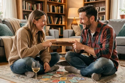 Couple jouant aux questions Les Z'amours dans leur salon, riant et montrant des cartes de jeu sur un tapis