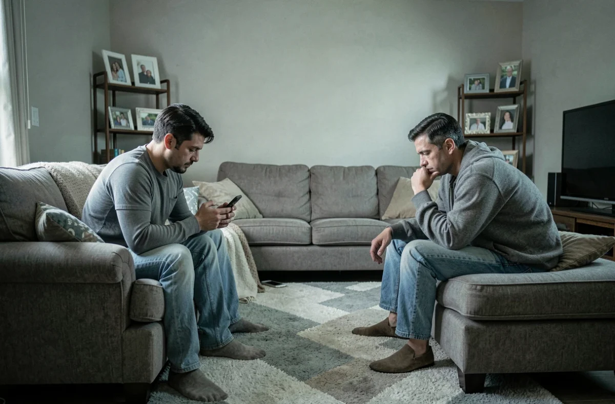 Couple marié en crise assis aux deux extrémités d'un canapé dans un salon familial, symbolisant la distance émotionnelle et la rupture de communication