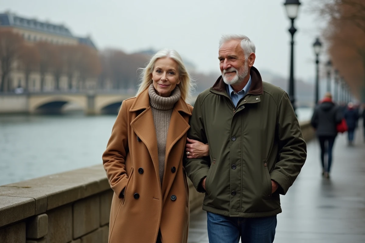Couple mature se promenant sur les quais de la Seine à Paris, vie privée assumée
