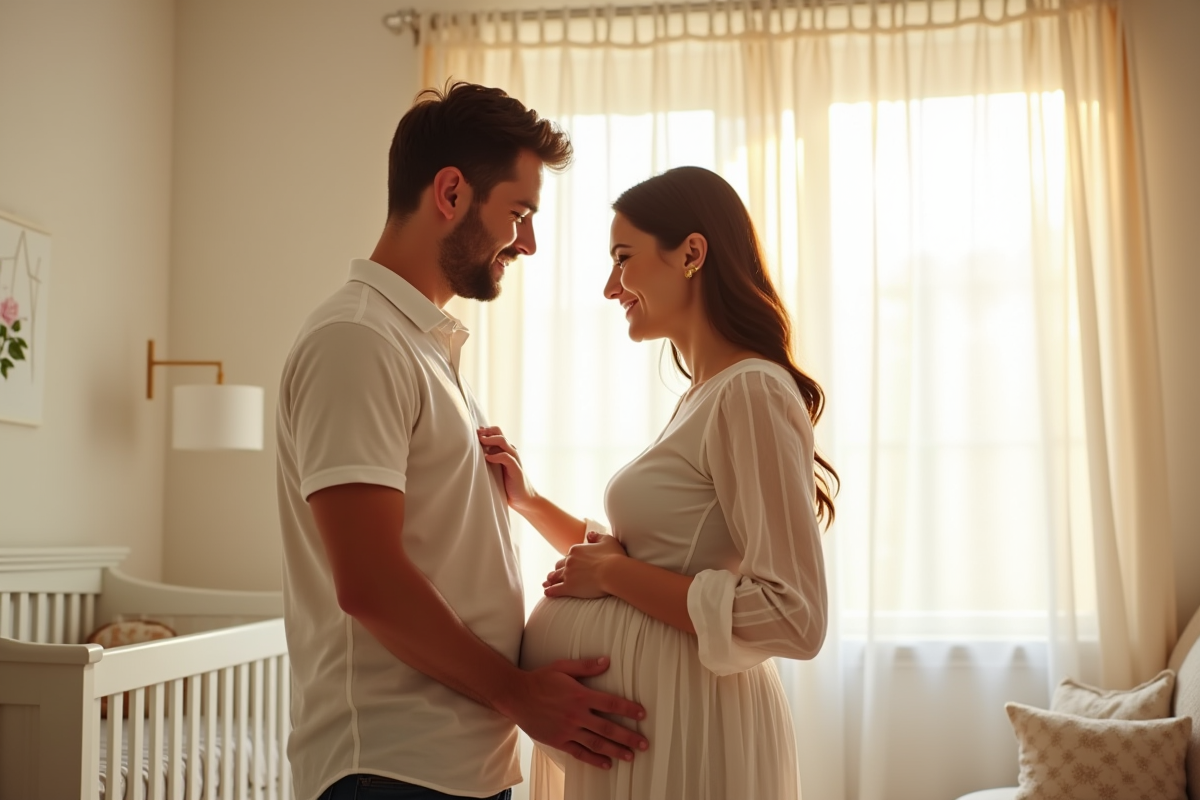 Couple dans une chambre lumineuse parlant à leur bébé à naître