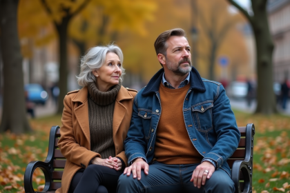 Couple d'adultes assis sur un banc dans un parc automnal