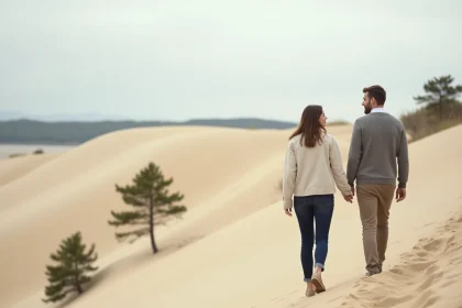 Couple se promenant au bord de la Mer de Sable en Picardie, paysage de dunes et pins en arrière-plan