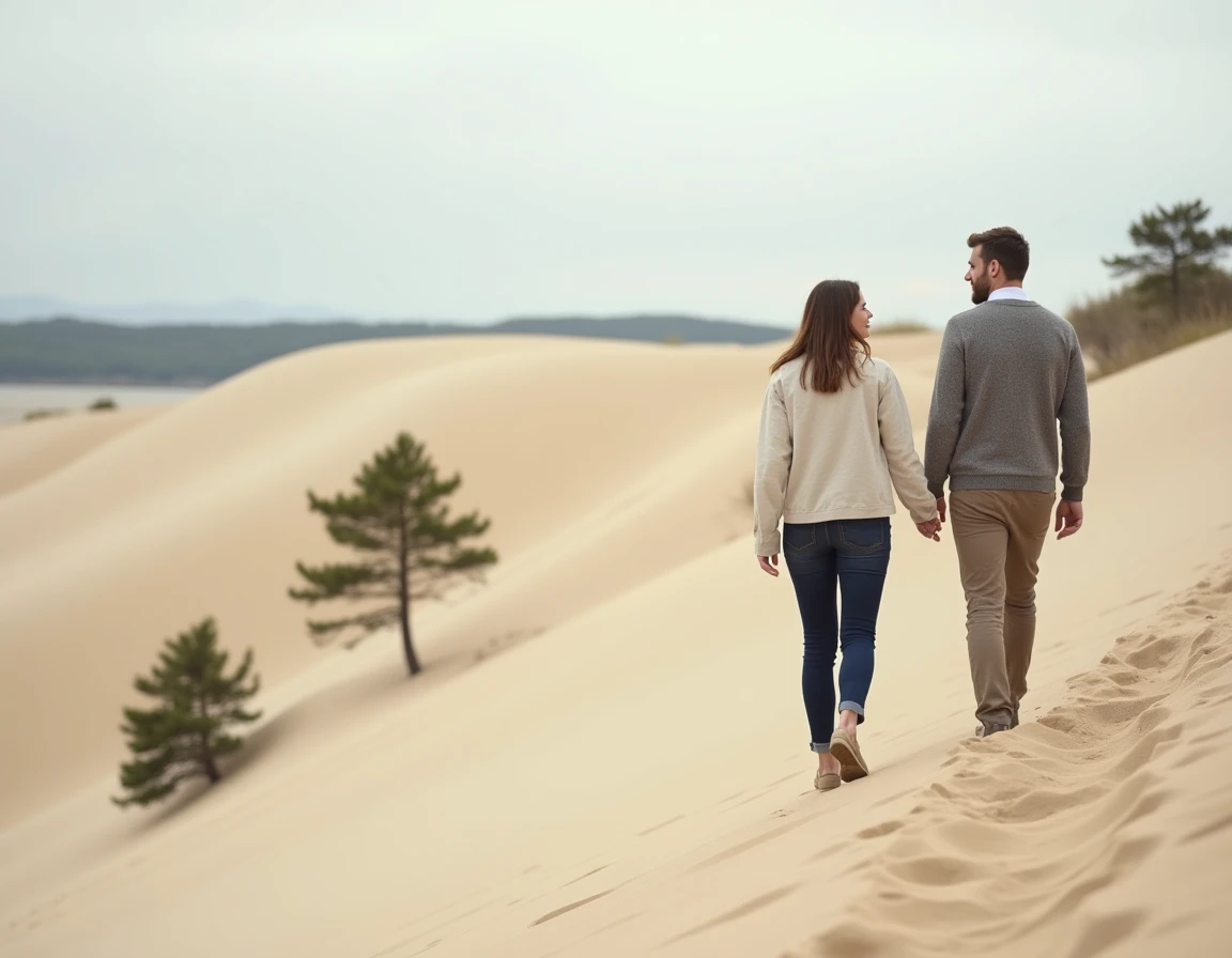Couple se promenant au bord de la Mer de Sable en Picardie, paysage de dunes et pins en arrière-plan