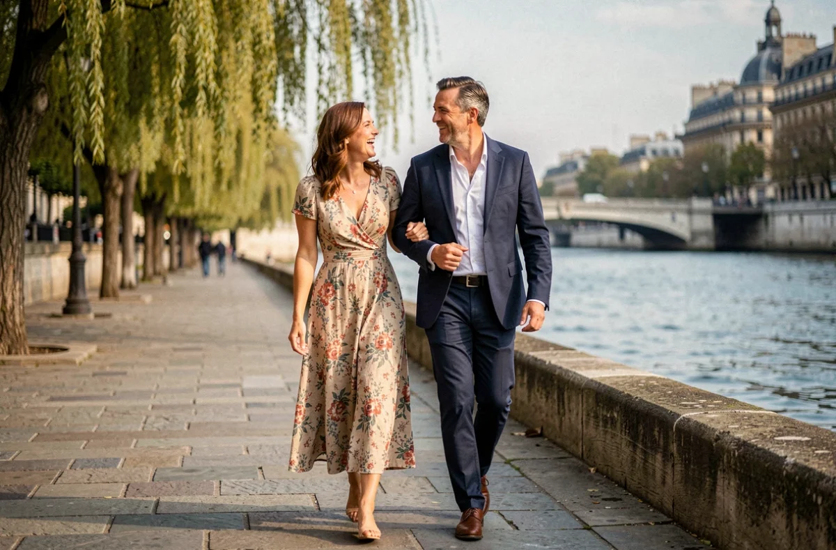 Couple élégant se promenant le long de la Seine à Paris, riant ensemble dans une atmosphère détendue et complice, évoquant une nouvelle relation amoureuse épanouie
