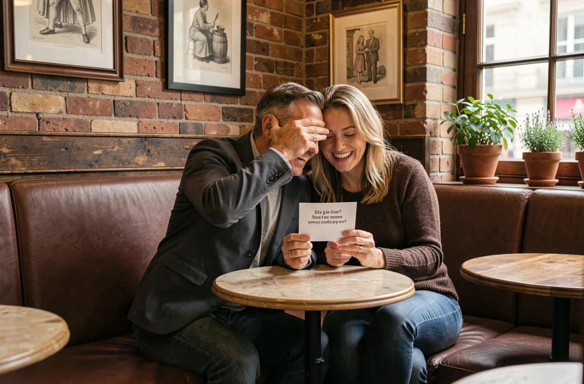 Couple dans la quarantaine s'amusant avec des questions de jeu Les Z'amours dans un bistrot chaleureux