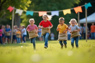 Enfants participant à une course en sac lors d'une kermesse scolaire en plein air