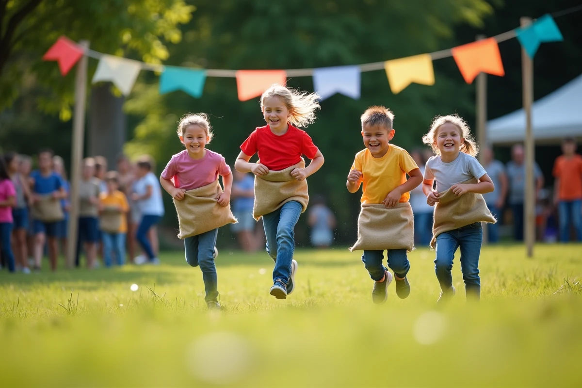 Enfants participant à une course en sac lors d'une kermesse scolaire en plein air
