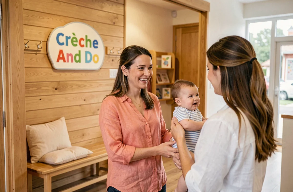 Accueil chaleureux d'une mère et son nourrisson à l'entrée de la crèche And Do en Haute-Garonne