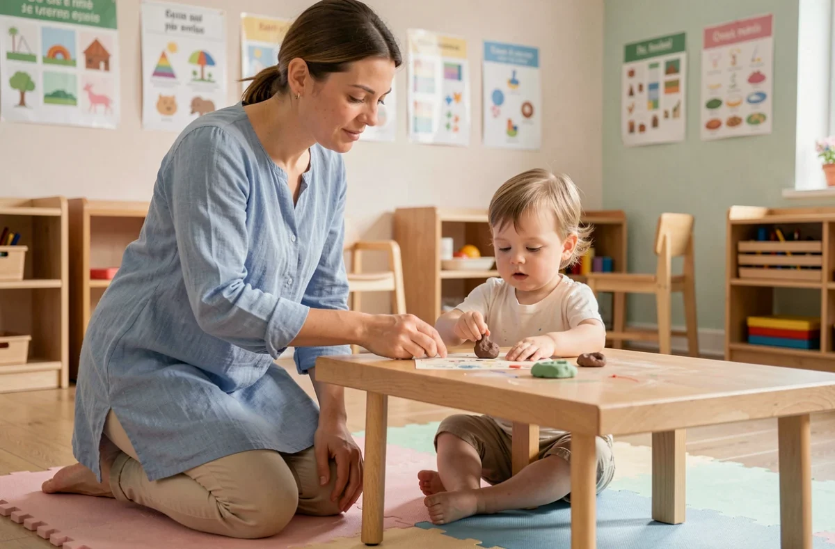 Éducatrice de la crèche Claude Nougaro accompagnant un tout-petit dans une activité manuelle à Toulouse