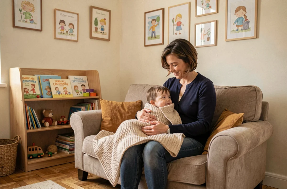 Assistante maternelle réconfortant un tout-petit dans l'espace chaleureux de la crèche familiale Cartoucherie à Toulouse