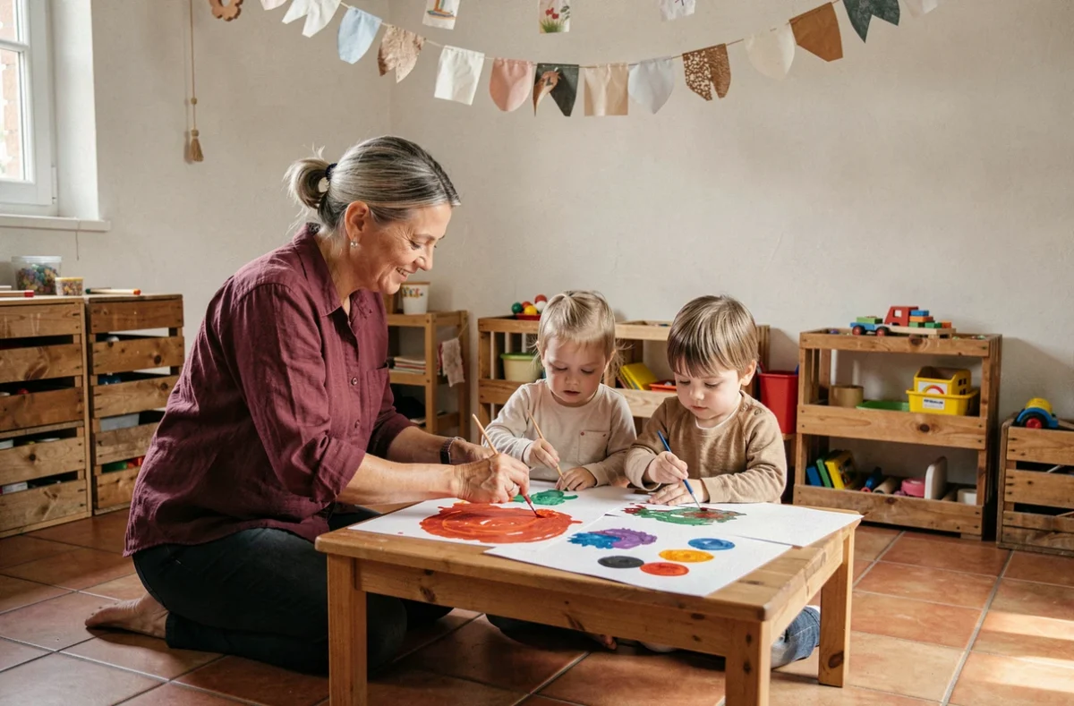 Éducatrice accompagnant deux enfants dans une activité peinture aquarelle à la crèche familiale Germaine Chaumel à Toulouse