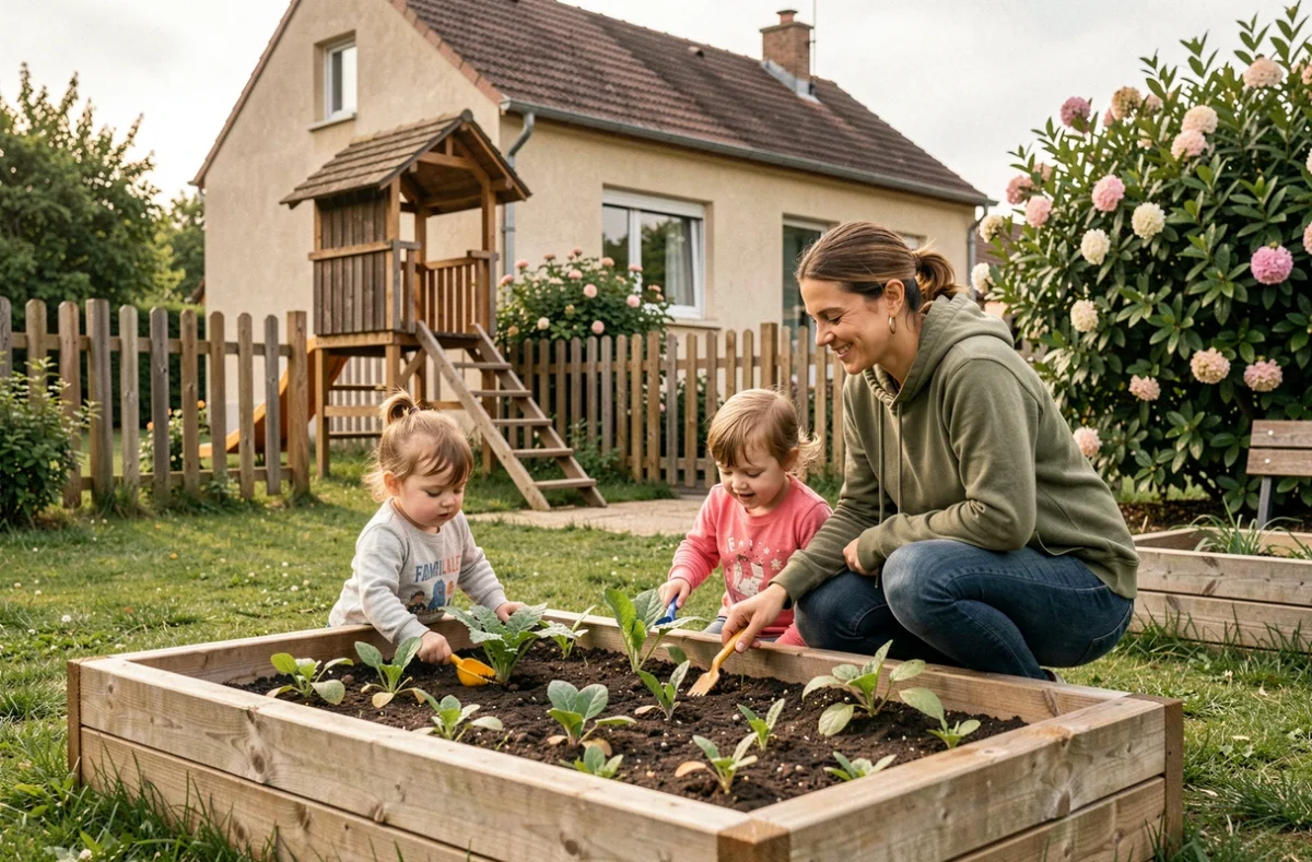 Assistante maternelle et deux enfants découvrant un potager surélevé dans le jardin de la crèche familiale Les Petites Canailles à Castanet-Tolosan