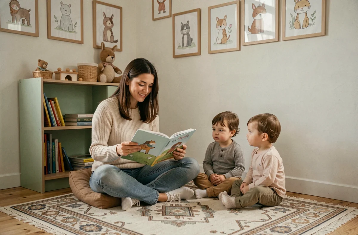Auxiliaire de puériculture lisant un album illustré à deux enfants dans le coin lecture de la crèche La Marelle à Toulouse
