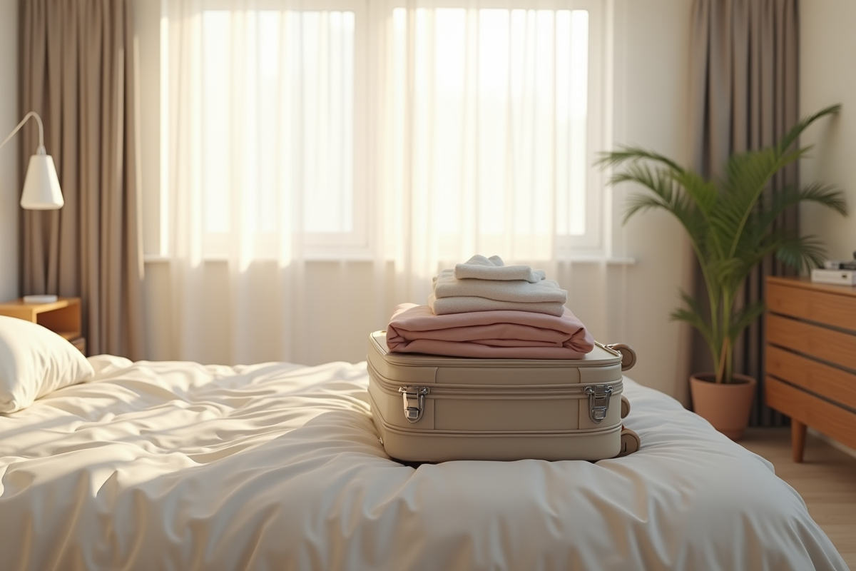 Valise et vêtements pliés sur un lit lumineux