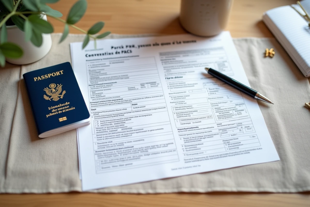 Documents administratifs requis pour le PACS disposés sur une table