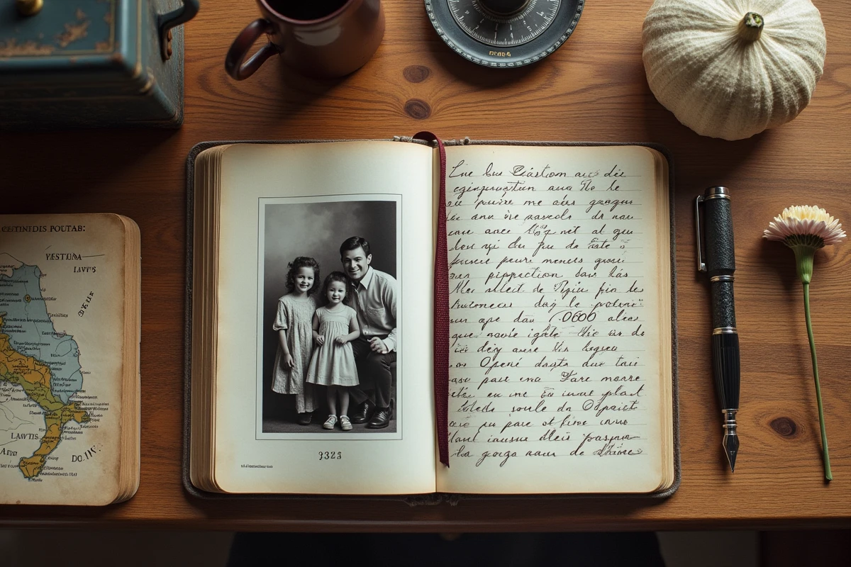Composition de documents familiaux vintage, photographie en noir et blanc et journal manuscrit évoquant les racines et l'histoire familiale