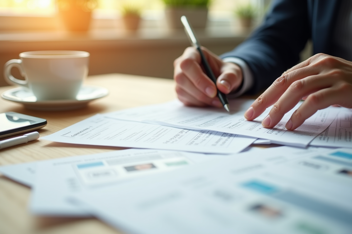Gros plan sur des documents et une tasse de cafe sur une table en bois