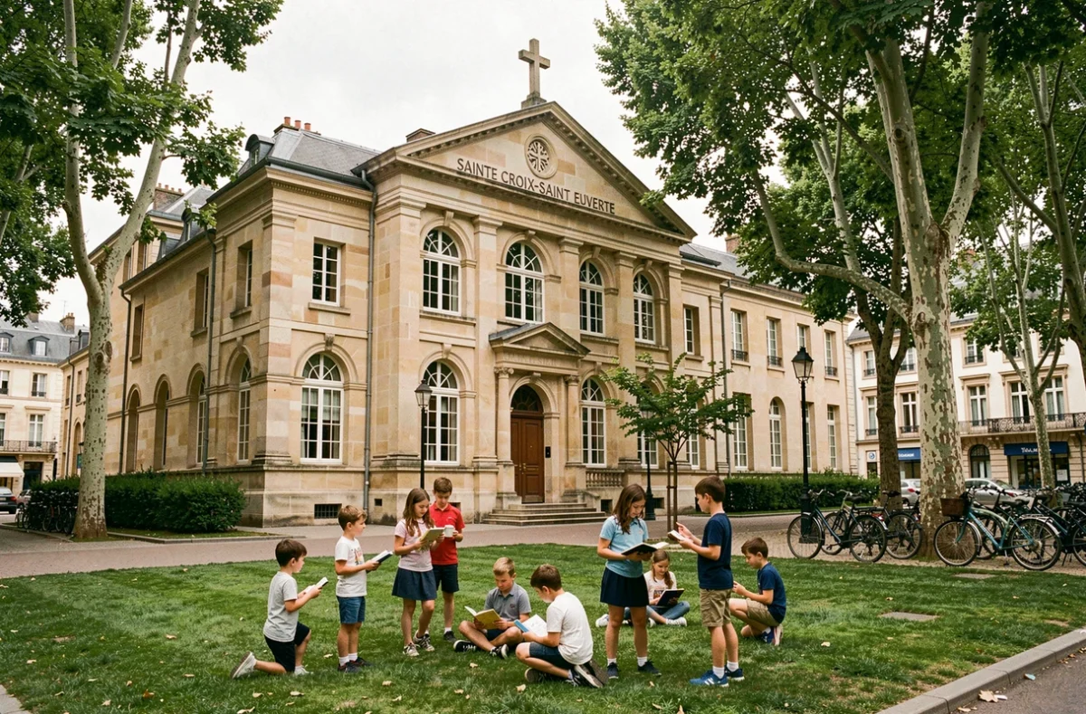 Façade de l'école élémentaire privée Sainte Croix-Saint Euverte à Orléans avec élèves dans la cour