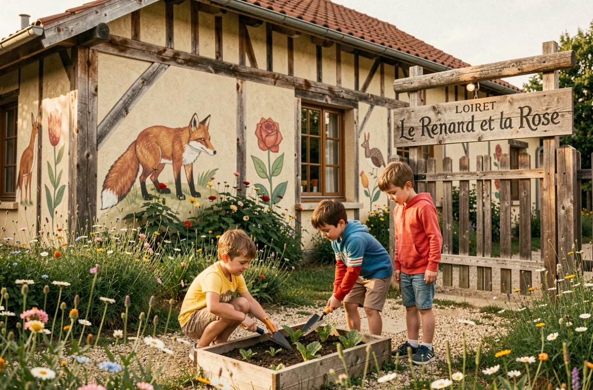 Bâtiment de l'école primaire privée hors contrat Le Renard et la Rose avec des élèves jardinent dans un potager