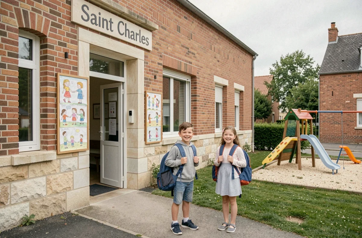 Entrée de l'école primaire privée Saint Charles avec deux élèves portant leurs cartables