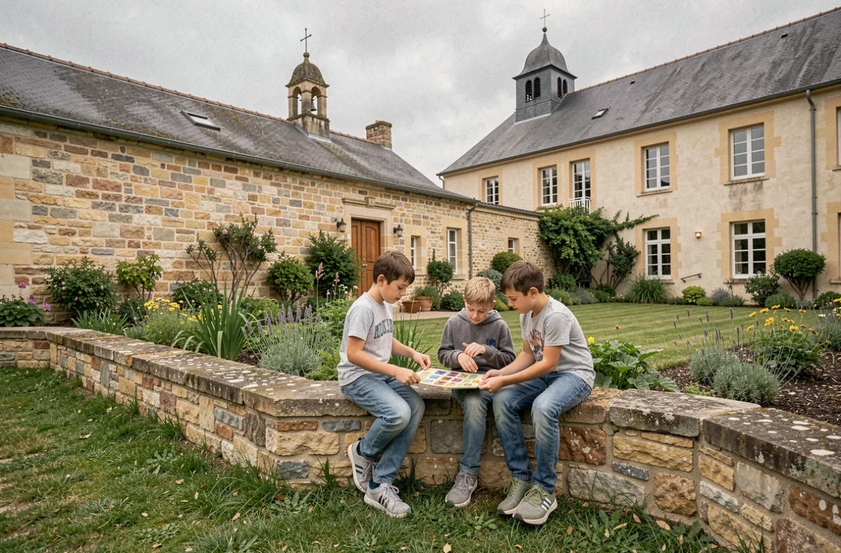 Cour intérieure de l'école primaire privée Saint Marc-Assomption avec des élèves jouant pendant la récréation