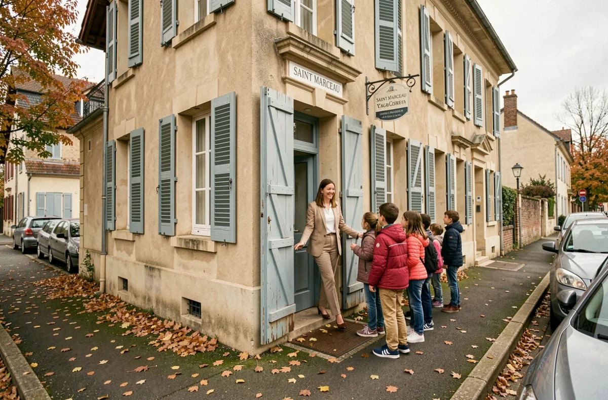 Bâtiment de l'école primaire privée Saint Marceau avec une enseignante accueillant les élèves à l'entrée