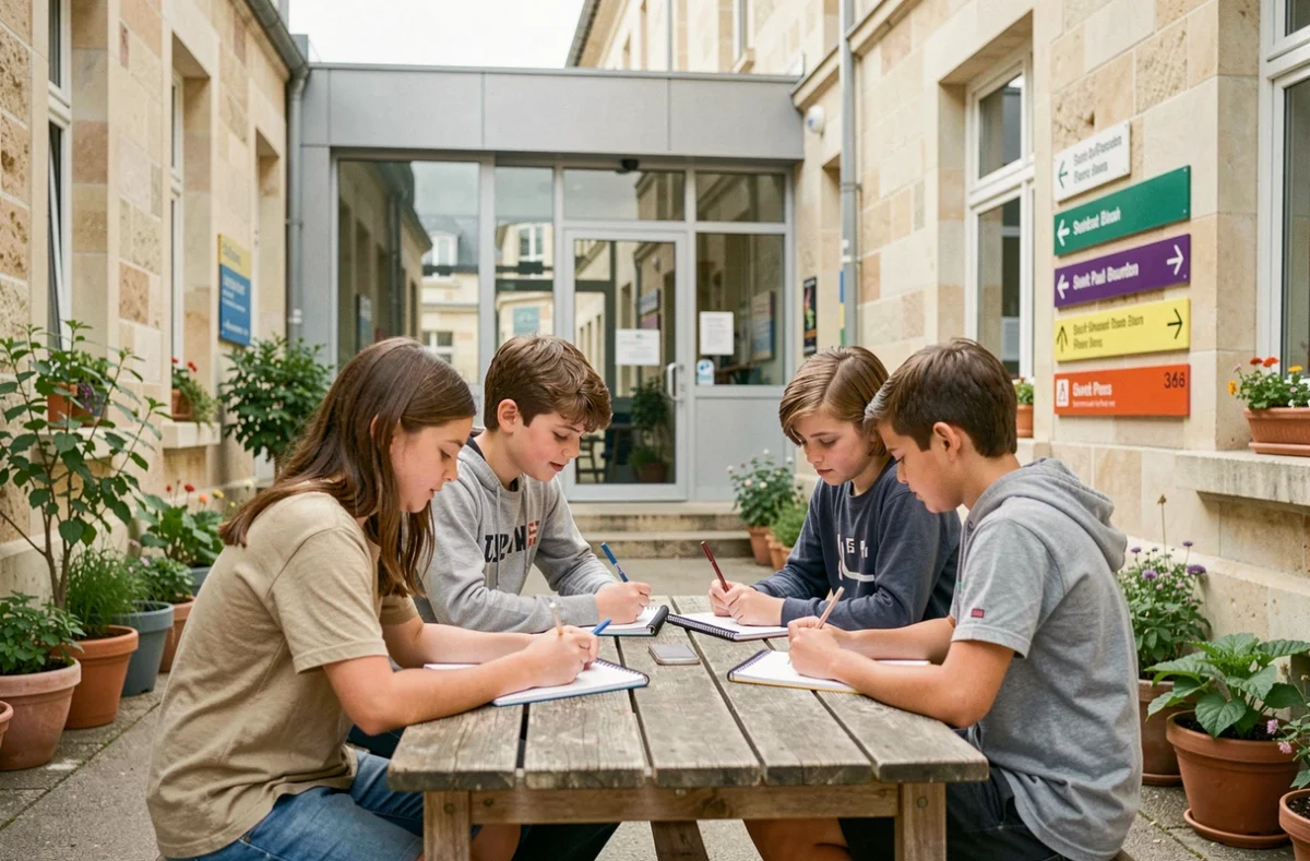 Cour de l'école primaire privée Saint Paul-Bourdon Blanc avec des élèves travaillant ensemble en extérieur