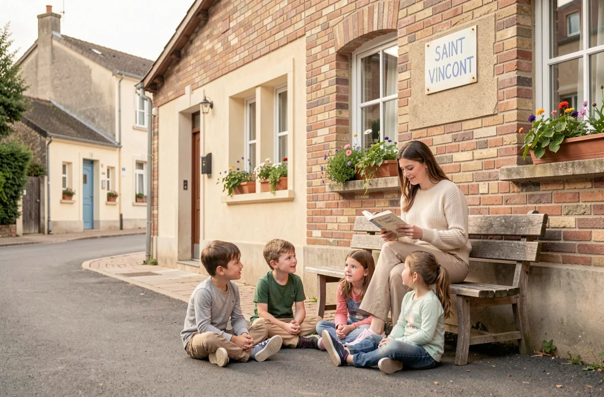 Petite cour de l'école primaire privée Saint Vincent avec une enseignante lisant à un groupe d'élèves