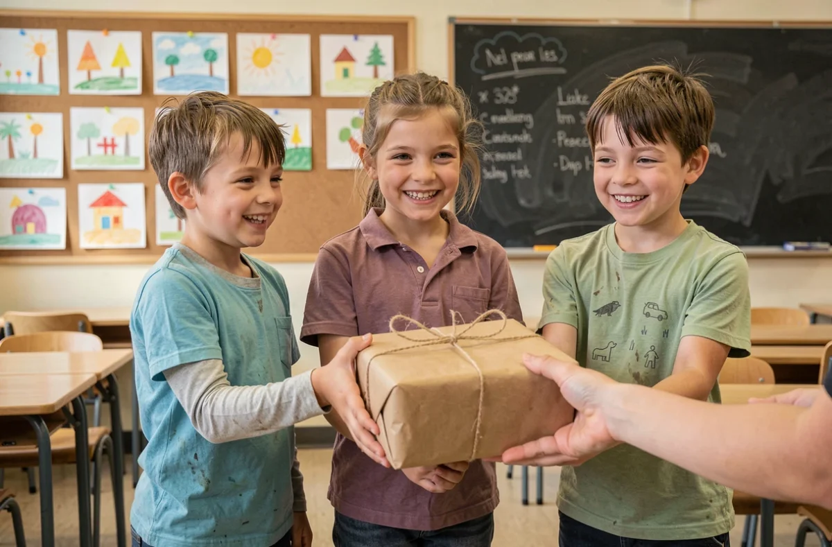 Écoliers offrant un cadeau fait main à leur maîtresse en fin d'année scolaire