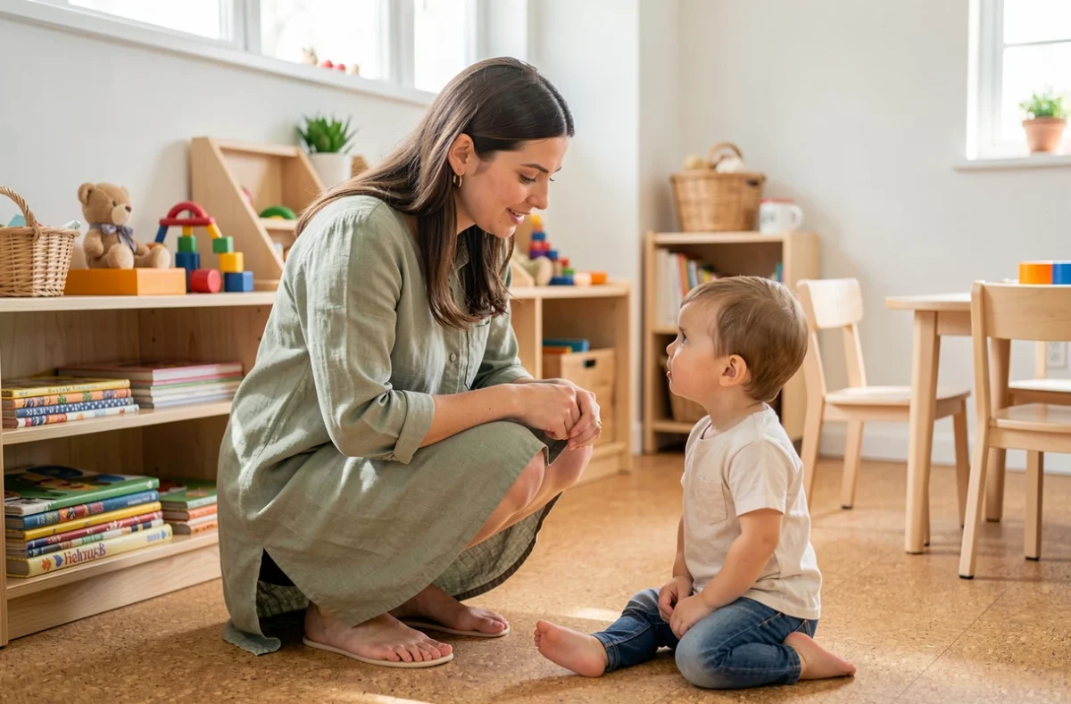 Éducatrice de crèche en communication bienveillante avec un tout-petit dans un espace Montessori, échange sur l'apprentissage de la propreté