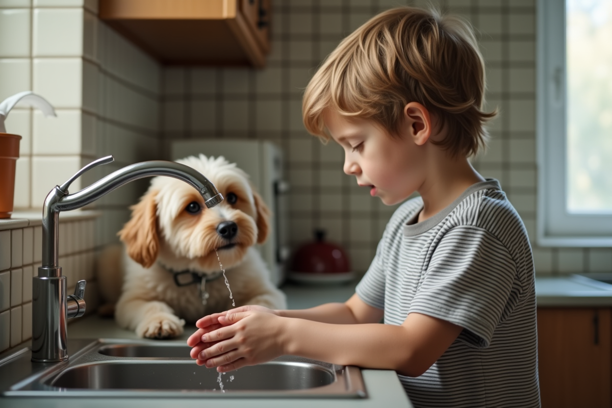 Garçon lave ses mains avec son chien dans la cuisine