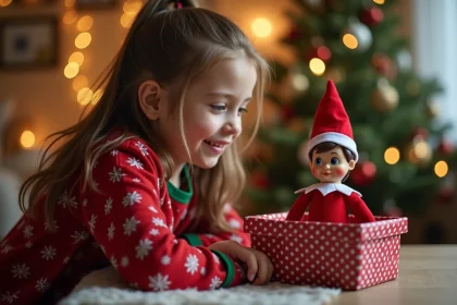 Petite fille en pyjama de Noel examine un elf dans une bo&icirc;te cadeau