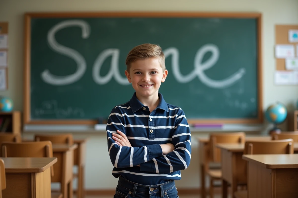 Enfant souriant devant un tableau avec son prénom écrit en cursive dans une salle de classe