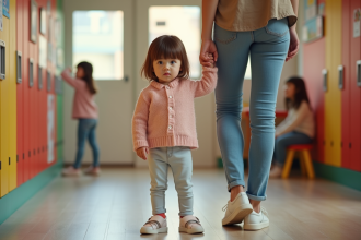 Petite fille timide devant l'école maternelle
