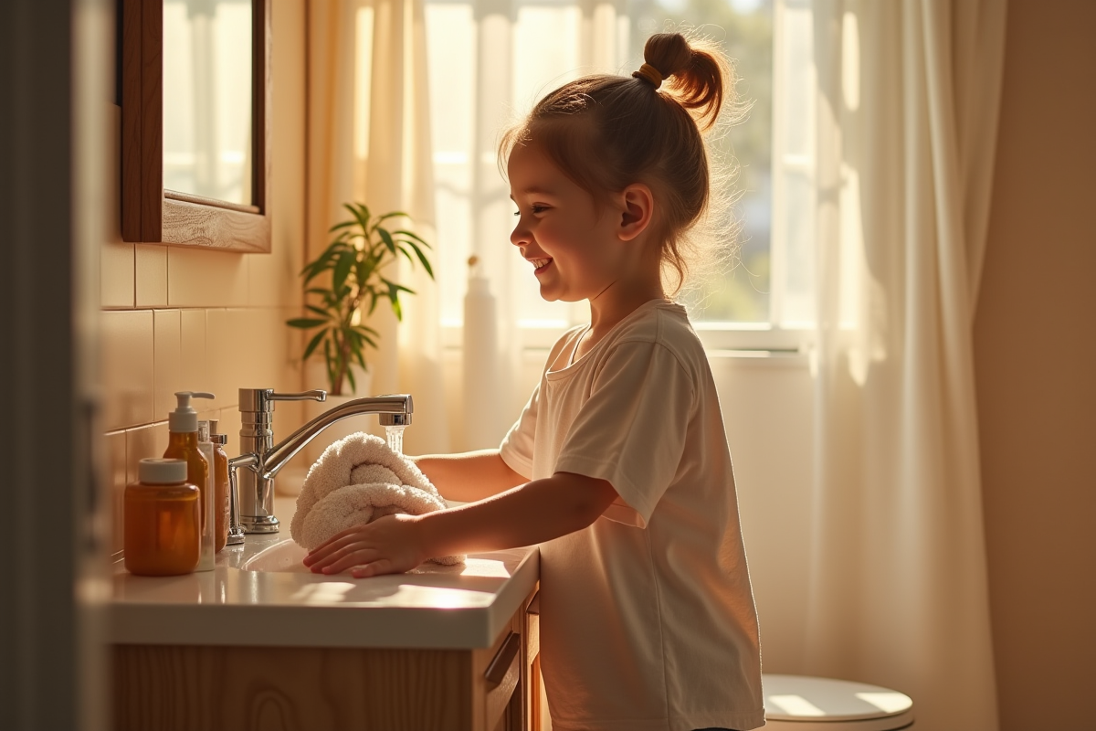 Enfant souriant attrapant une serviette après lavage
