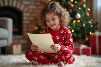 Fille de 6 ans souriante lit une lettre de Santa dans un salon festif