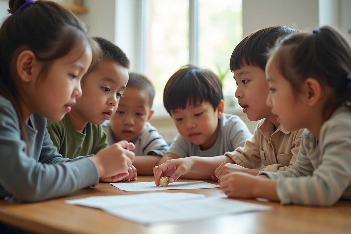Enfants jouant et apprenant dans une classe lumineuse