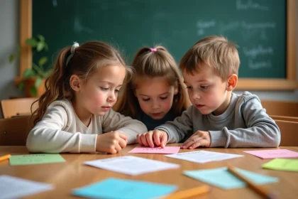 Enfants de CE1-CE2 résolvent des devinettes ensemble autour d'une table en bois en classe