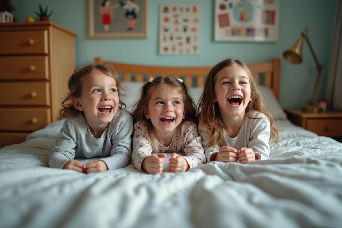 Enfants sur un lit en pyjamas jouent et rient ensemble
