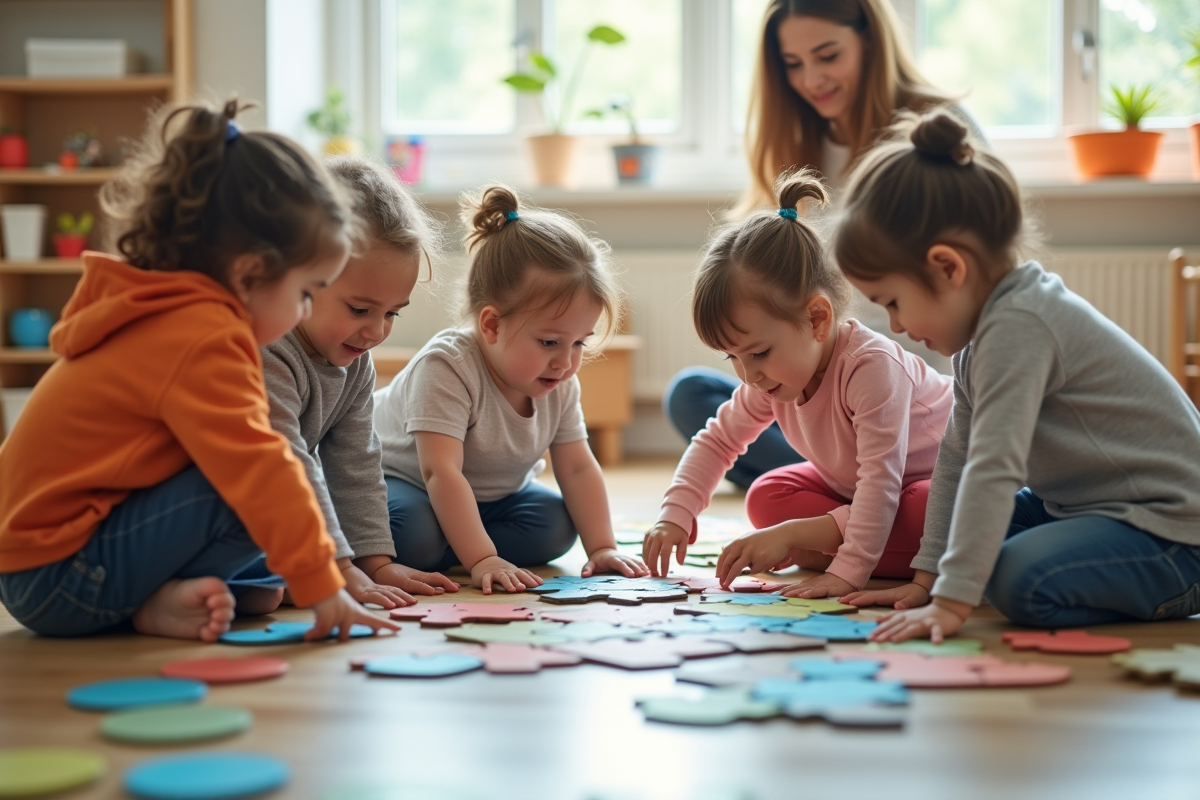 Groupe d enfants collaborant sur puzzle dans classe maternelle