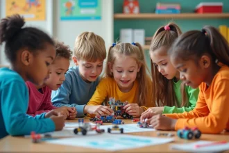 Groupe d'enfants en atelier de robotique dans une classe lumineuse