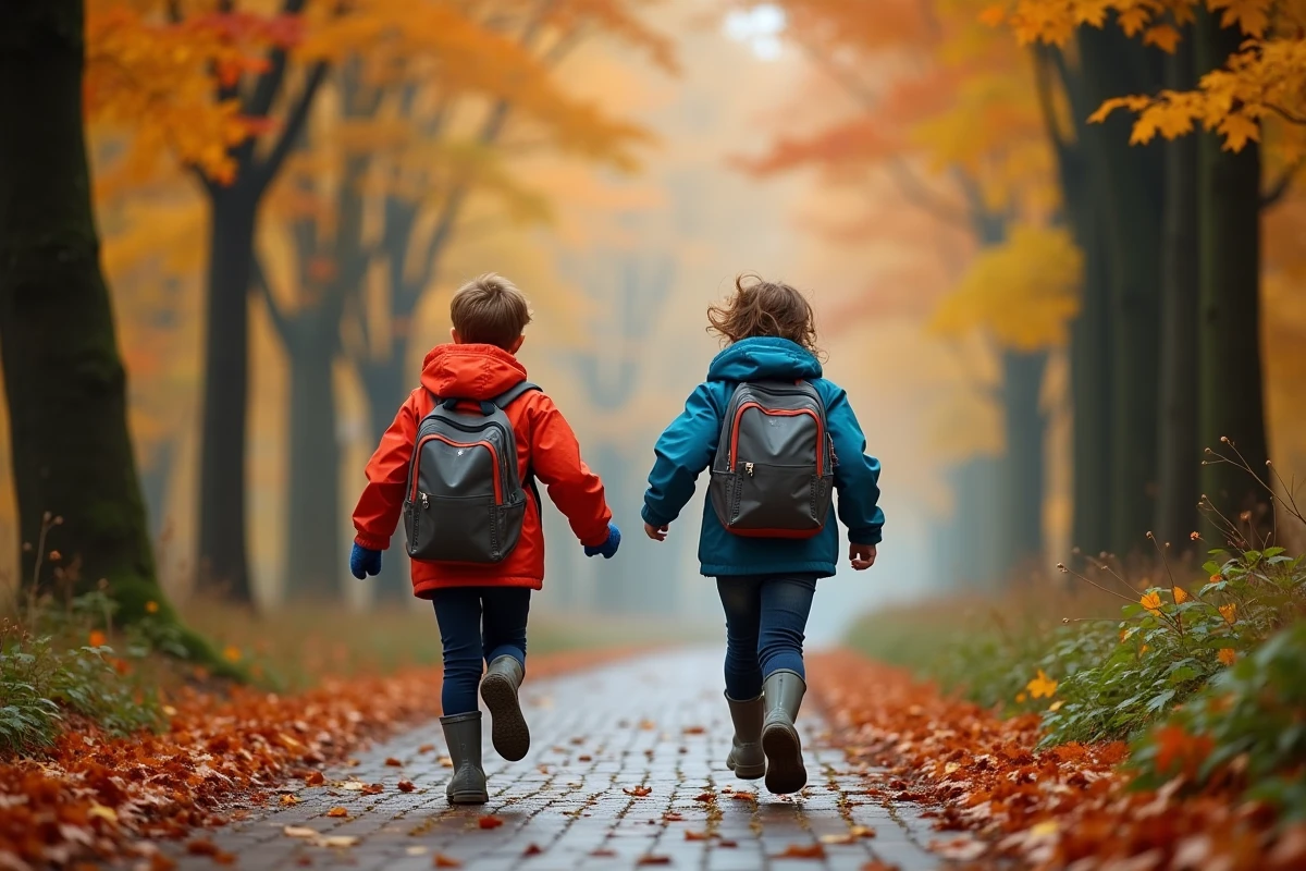 Enfants courant en forêt pendant les vacances de la Toussaint en automne