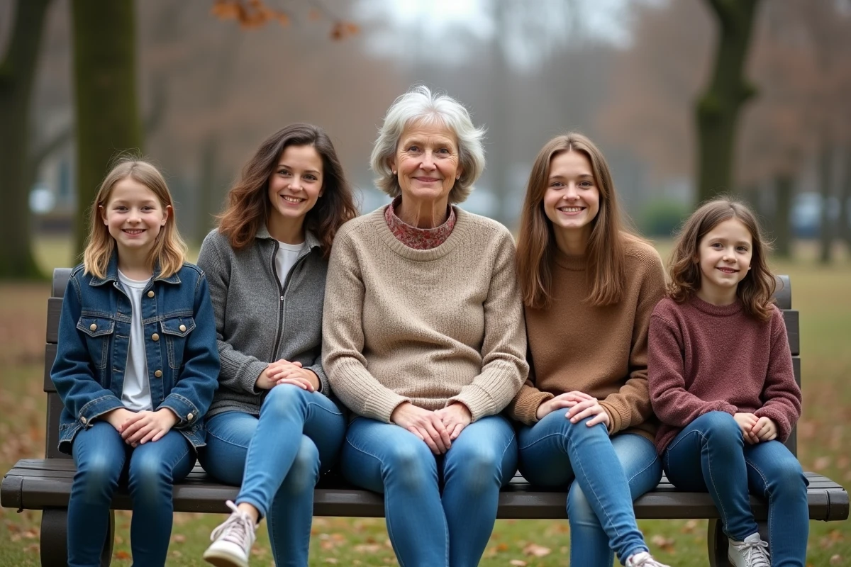 Mère et enfants assis sur un banc dans un parc au printemps