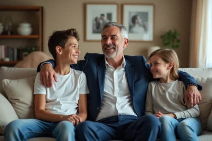 Famille r&eacute;unie dans un salon chaleureux et moderne