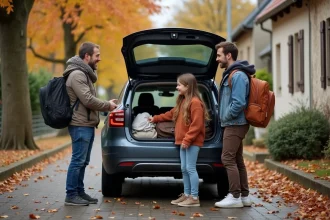 Famille française chargeant une voiture pour les vacances scolaires d'octobre, ambiance automne