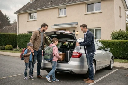 Famille française chargeant ses bagages dans une voiture au départ des vacances scolaires zone B 2026
