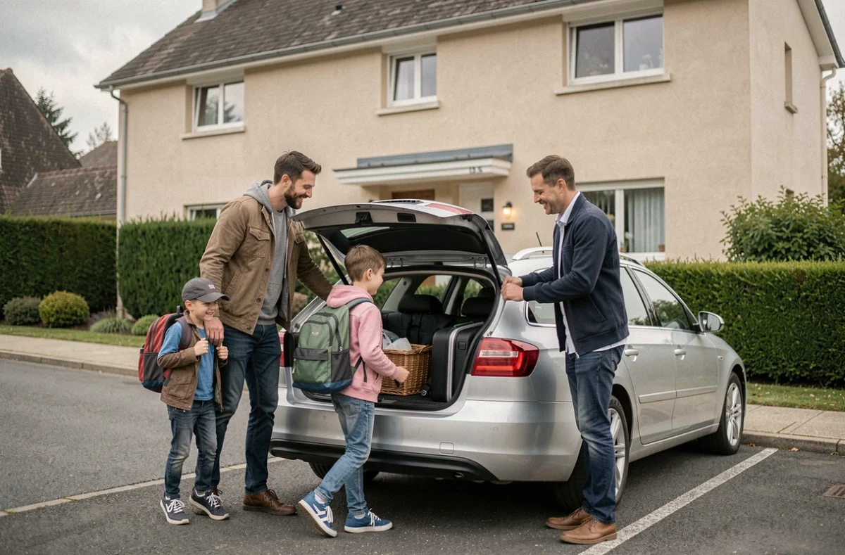 Famille française chargeant ses bagages dans une voiture au départ des vacances scolaires zone B 2026
