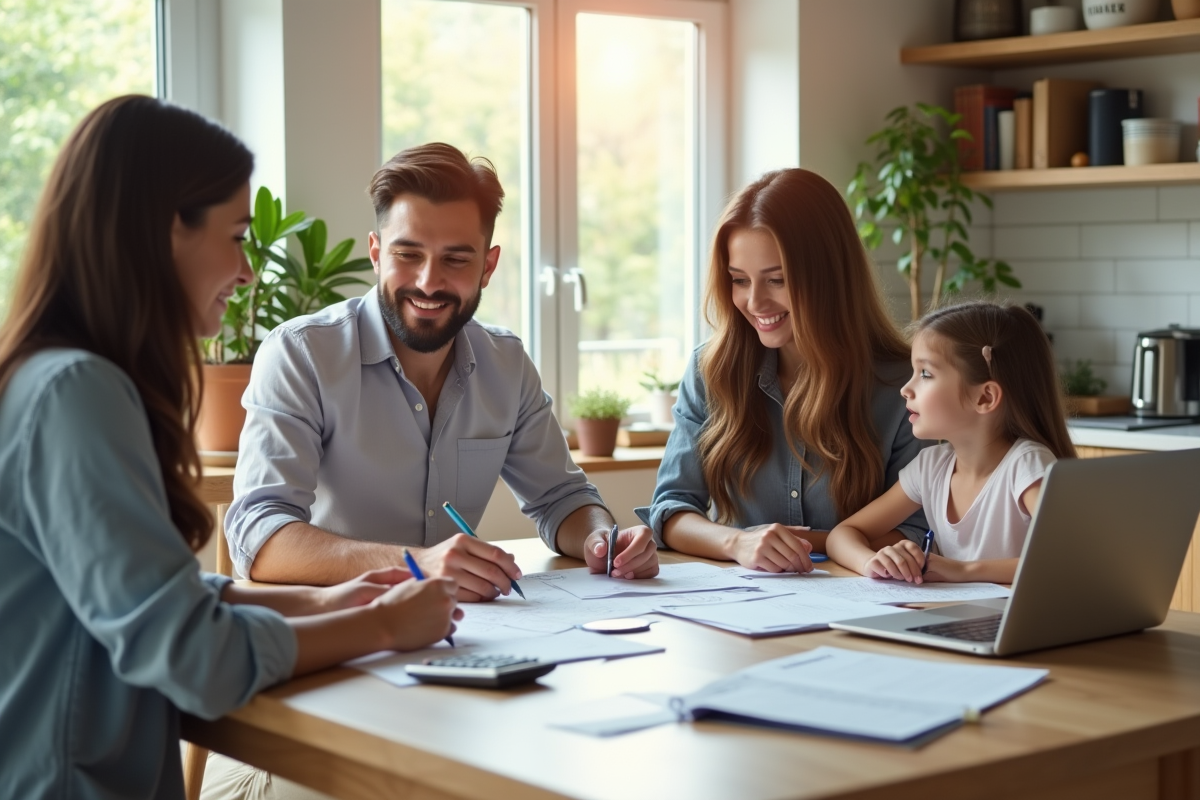 Famille moderne discutant finances à la maison