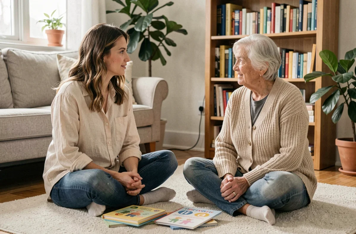 Mère et grand-mère discutant de l'apprentissage de la propreté Montessori dans un salon familial chaleureux